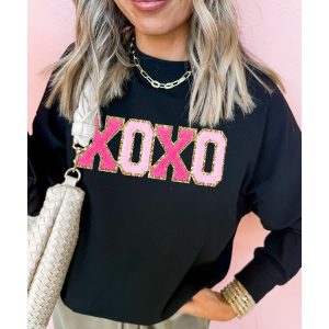 Black Chenille XOXO Patched Drop Shoulder Valentines Pullover Sweatshirt