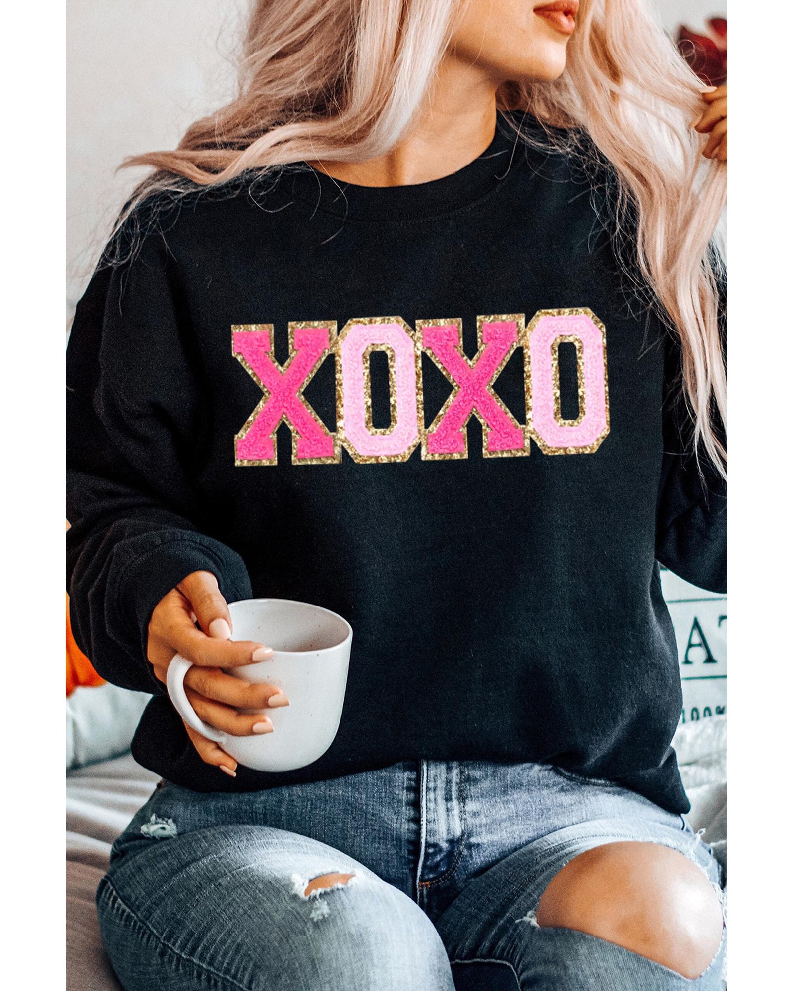Black Chenille XOXO Patched Drop Shoulder Valentines Pullover Sweatshirt - Image 3