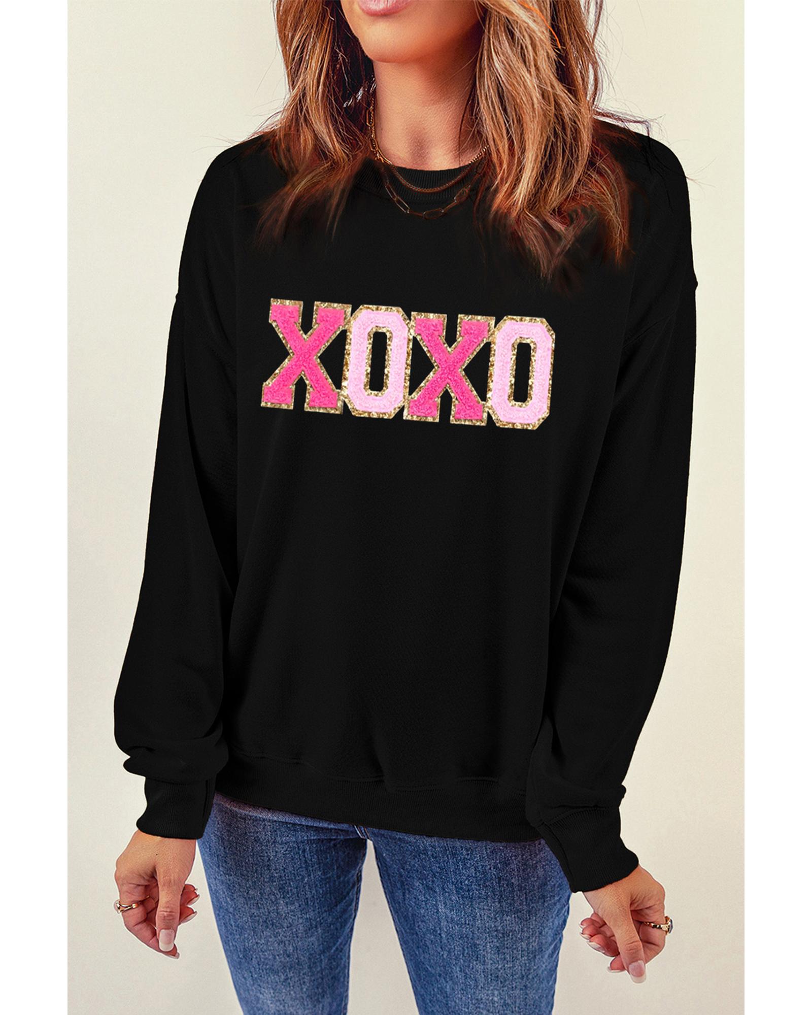 Black Chenille XOXO Patched Drop Shoulder Valentines Pullover Sweatshirt - Image 4