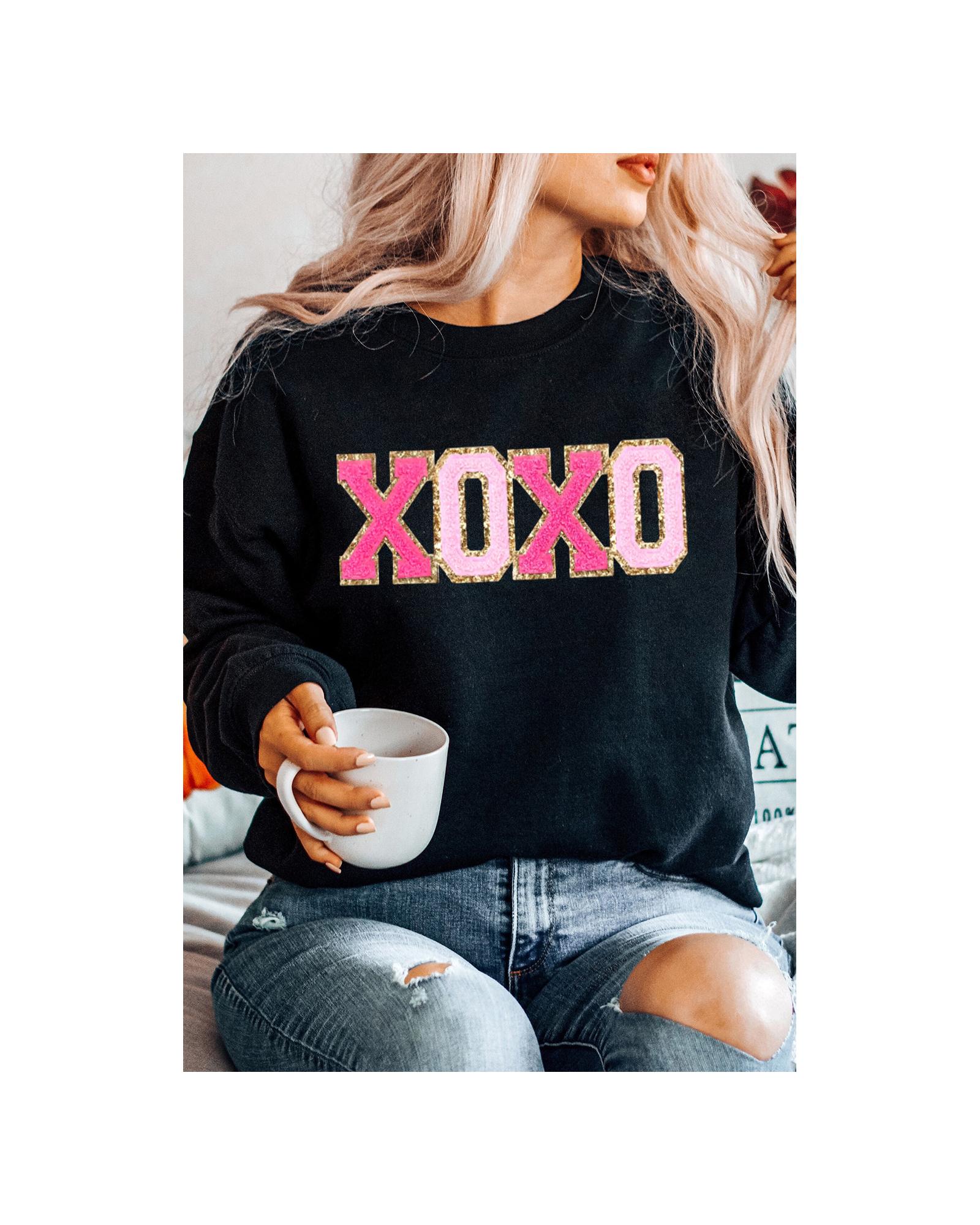 Black Chenille XOXO Patched Drop Shoulder Valentines Pullover Sweatshirt - Image 6