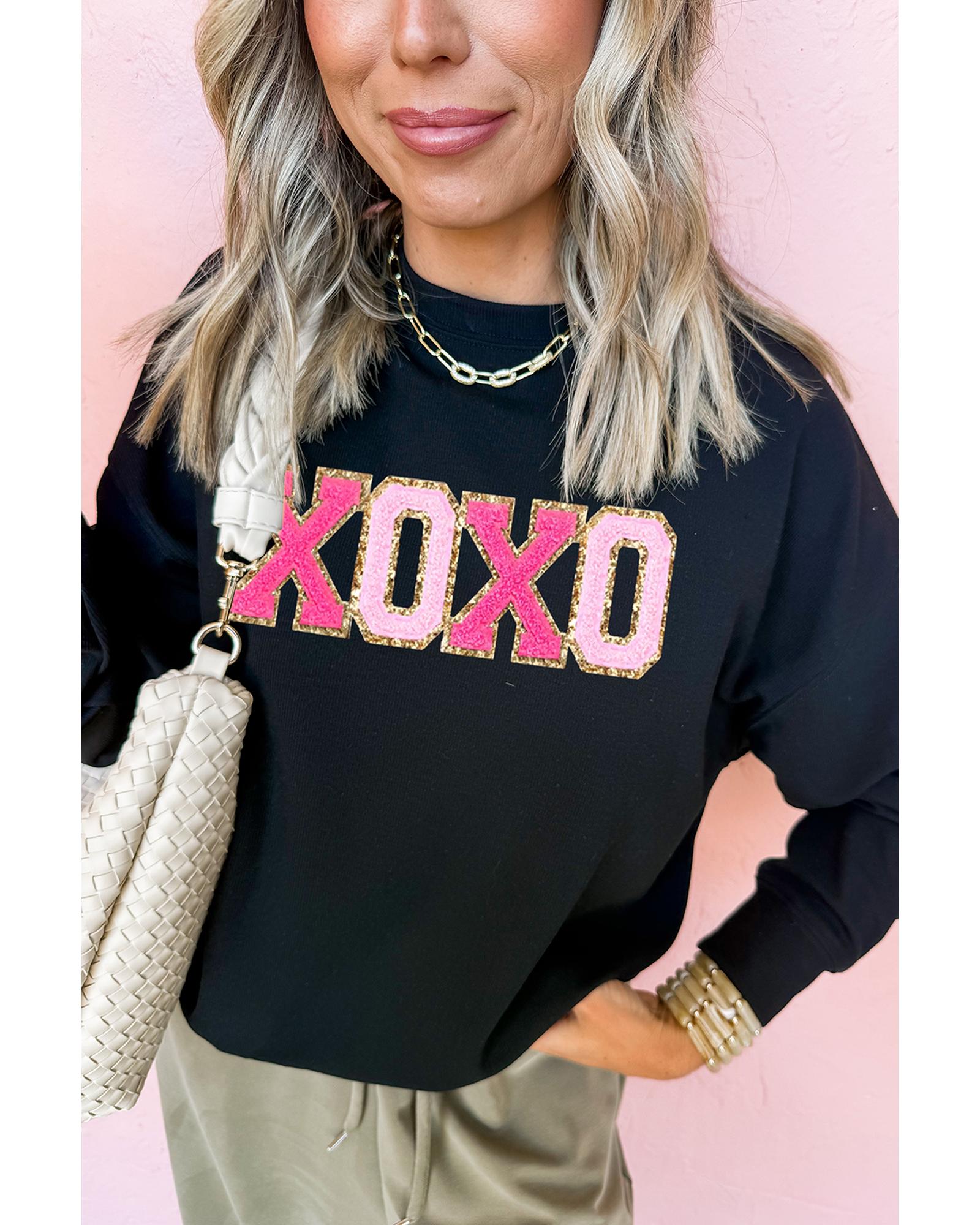 Black Chenille XOXO Patched Drop Shoulder Valentines Pullover Sweatshirt - Image 7