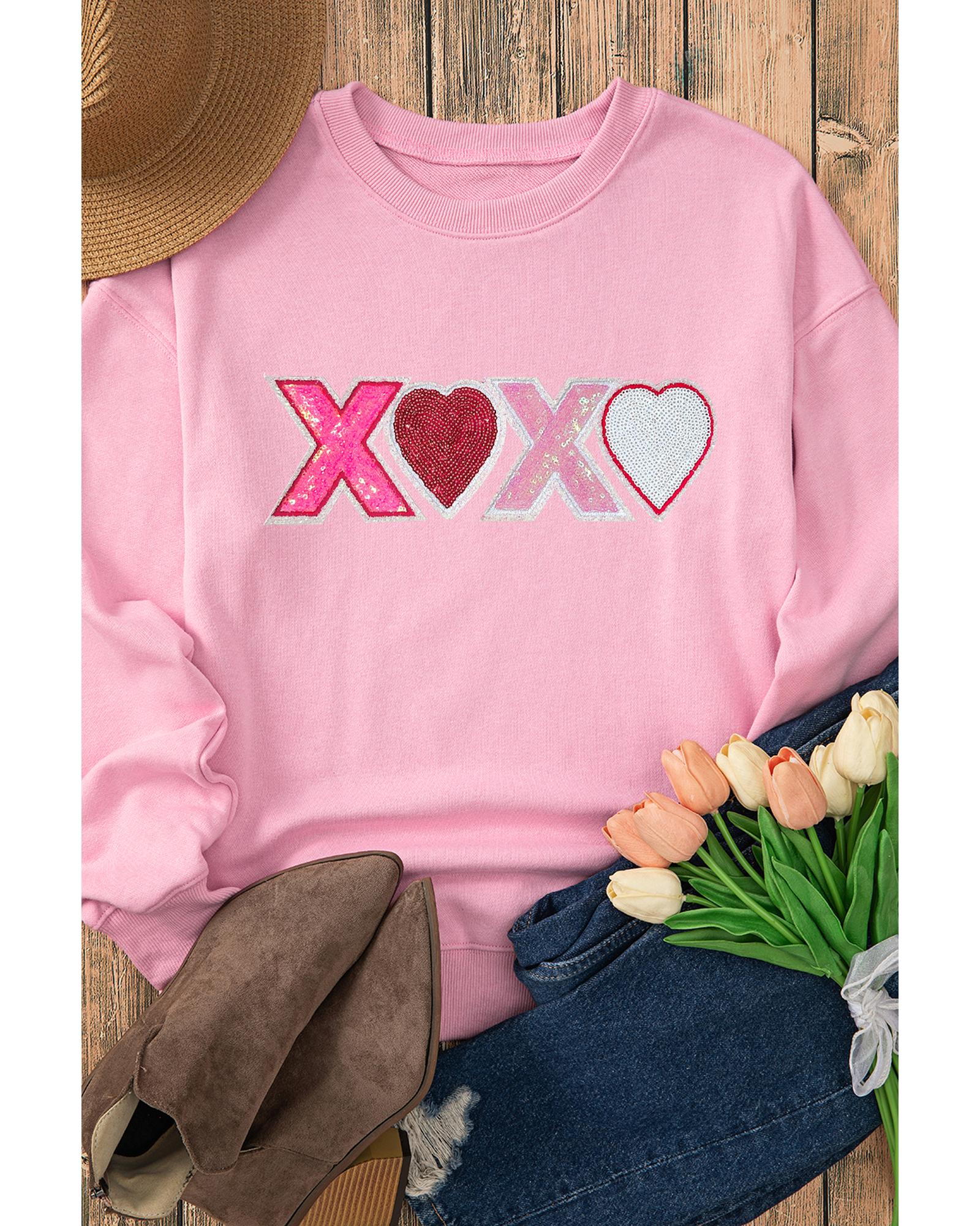 Pink Sequin Heart XOXO Graphic Drop Shoulder Valentines Sweatshirt - Image 2