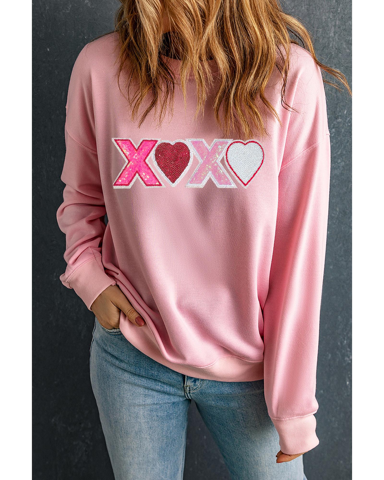Pink Sequin Heart XOXO Graphic Drop Shoulder Valentines Sweatshirt - Image 3