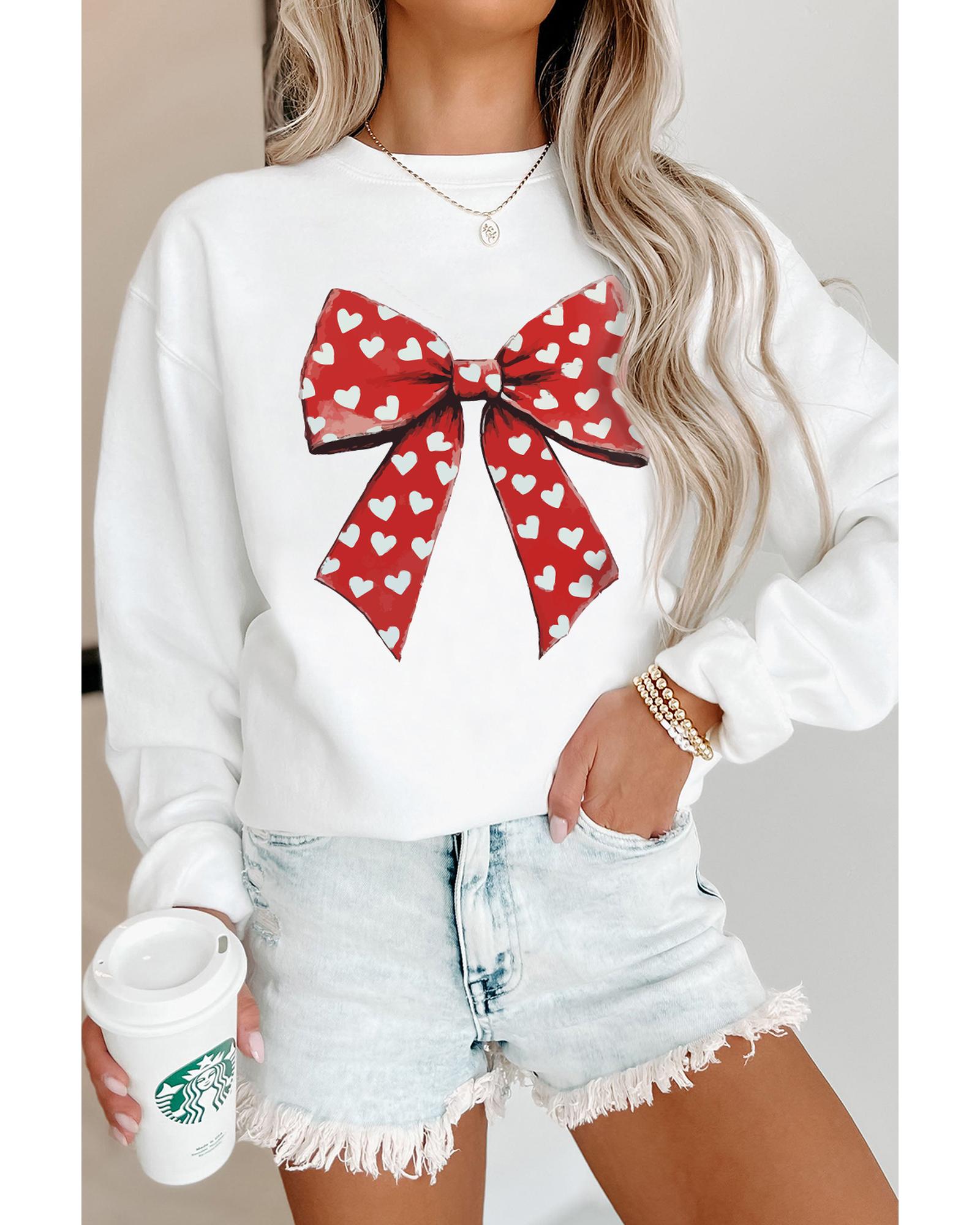 White Heart Bow Printed Round Neck Valentines Pullover Sweatshirt - Image 2