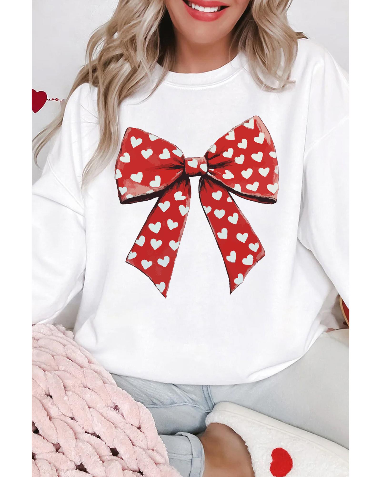 White Heart Bow Printed Round Neck Valentines Pullover Sweatshirt - Image 3