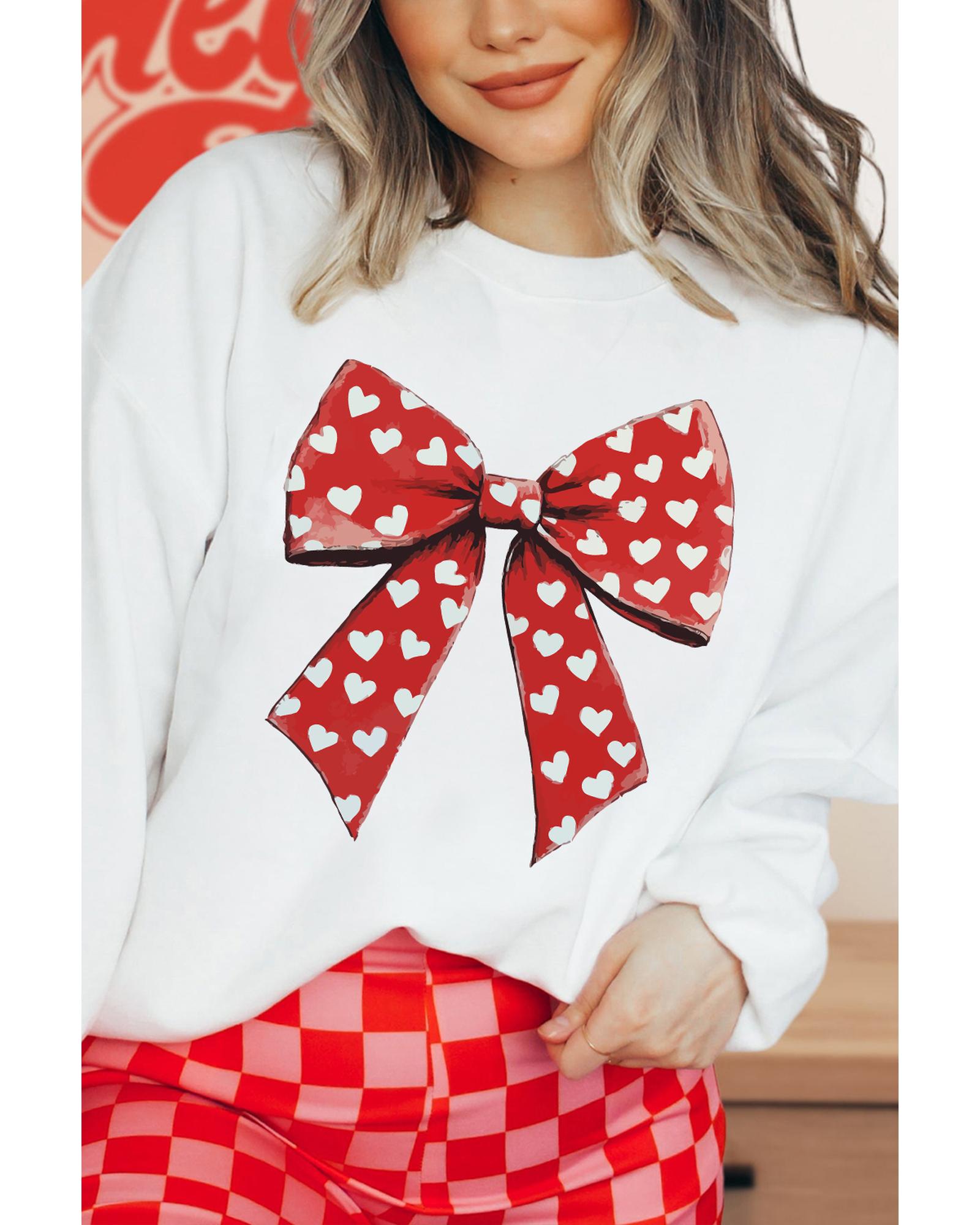 White Heart Bow Printed Round Neck Valentines Pullover Sweatshirt - Image 4