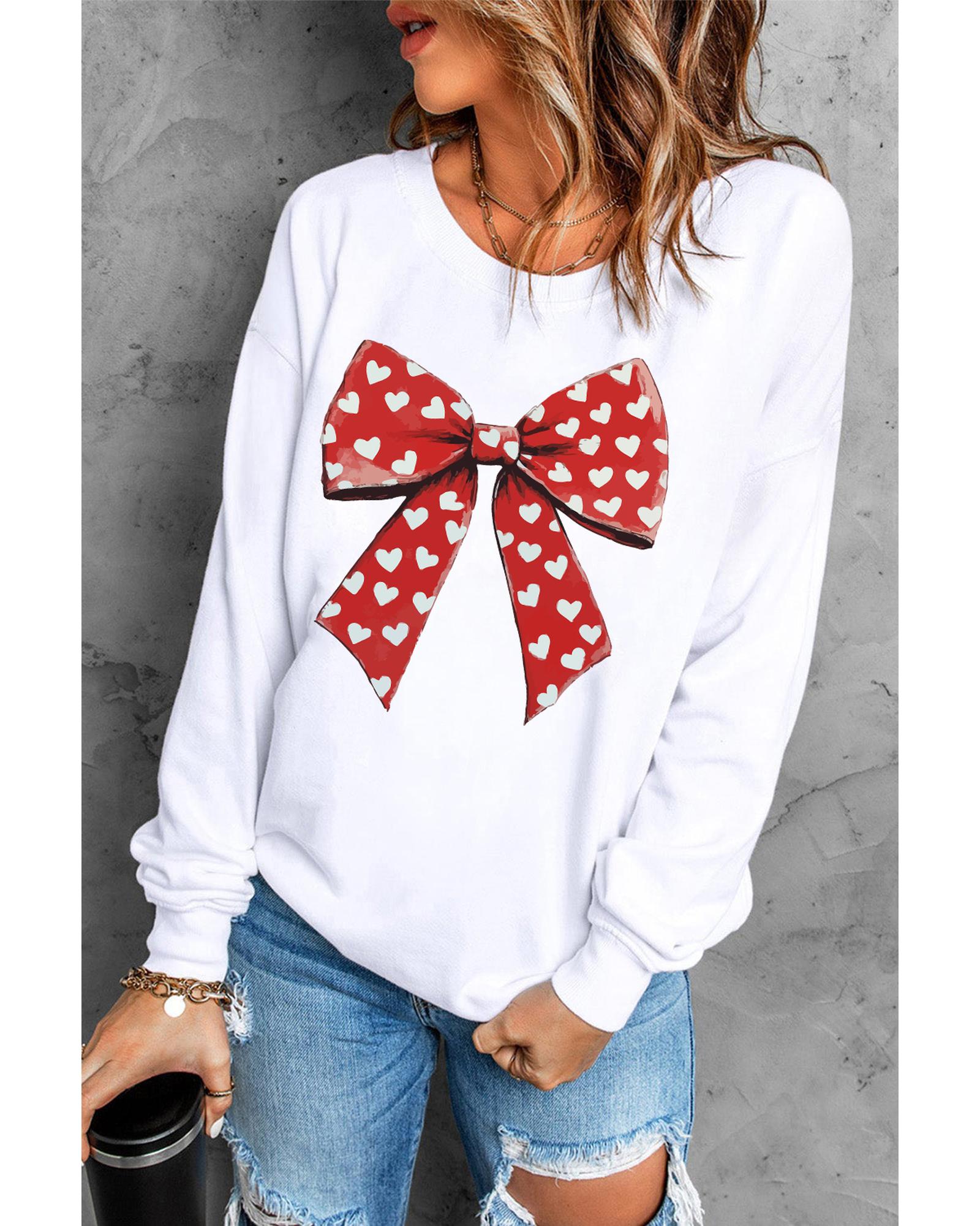 White Heart Bow Printed Round Neck Valentines Pullover Sweatshirt - Image 5