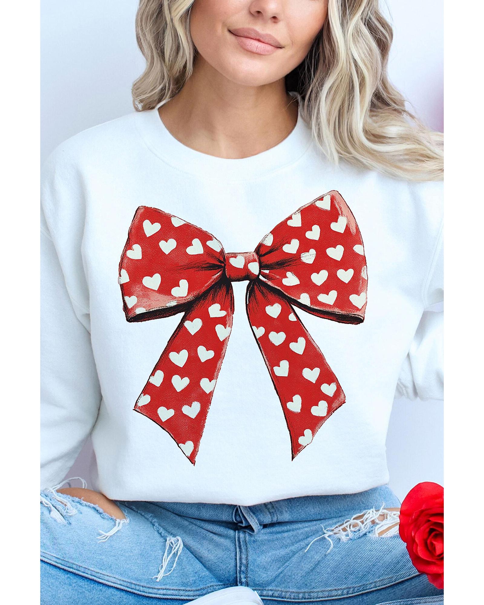 White Heart Bow Printed Round Neck Valentines Pullover Sweatshirt - Image 6