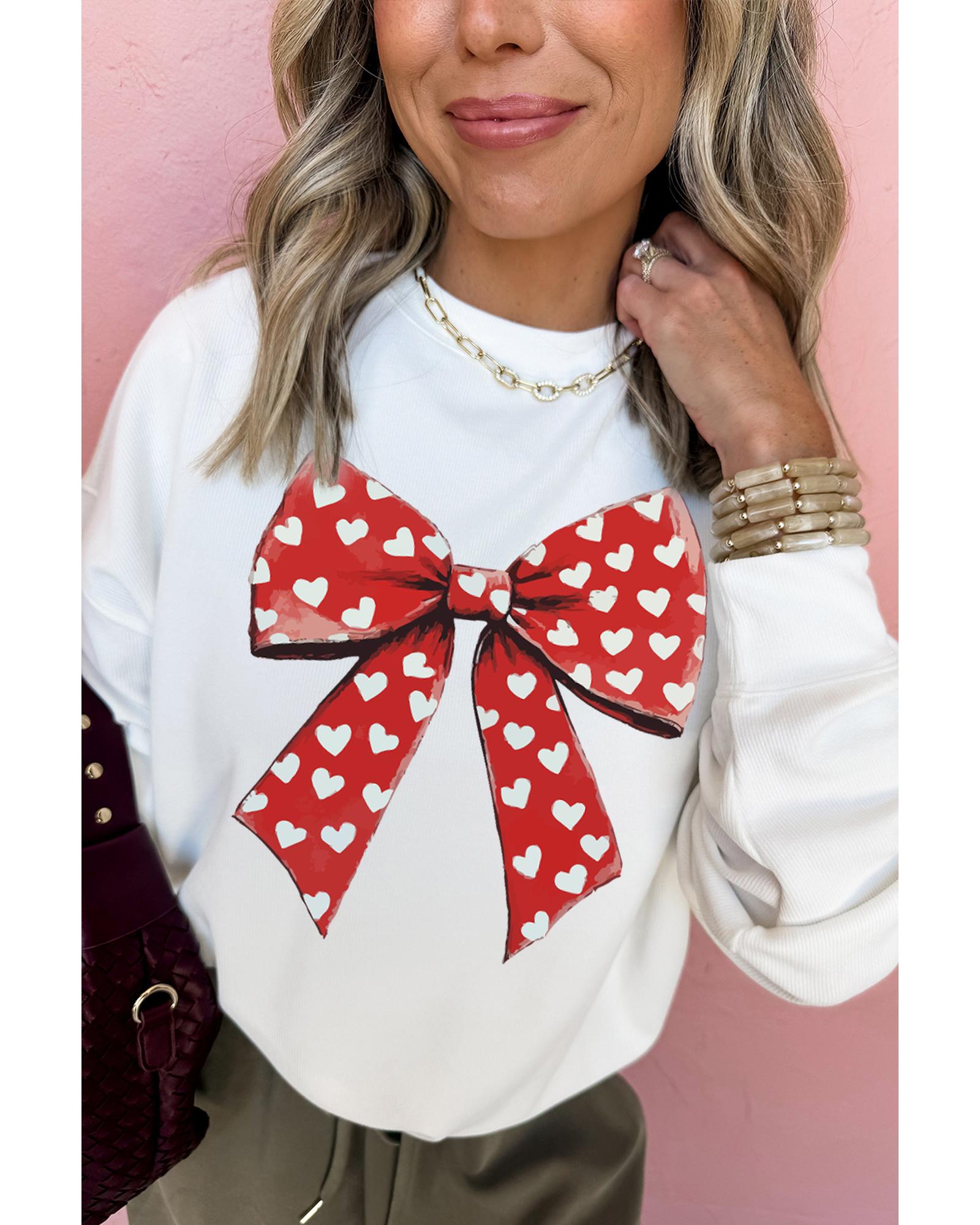 White Heart Bow Printed Round Neck Valentines Pullover Sweatshirt - Image 7
