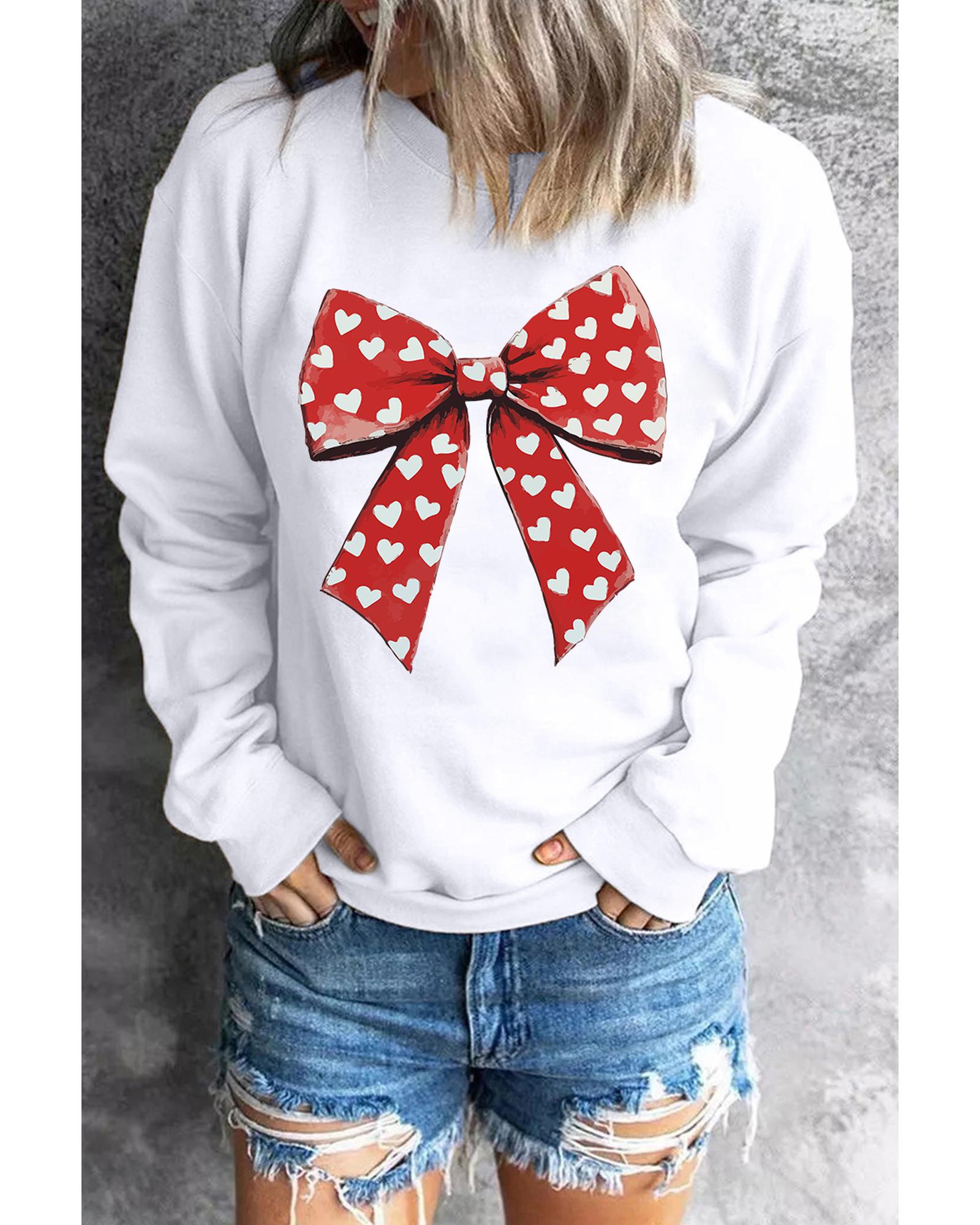 White Heart Bow Printed Round Neck Valentines Pullover Sweatshirt - Image 8