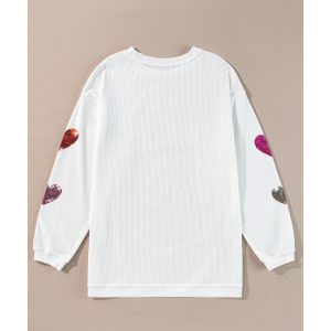 White Valentines Heart Patched Pattern Corded Pullover Sweatshirt