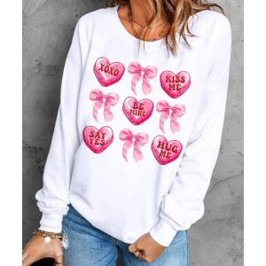 White Valentine Candy Heart & Bow Graphic Sweatshirt