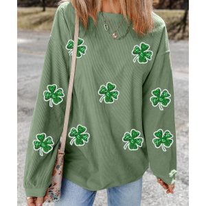 Grass Green Ribbed Four Leaf Clover Graphic St. Patricks Pullover Sweatshirt