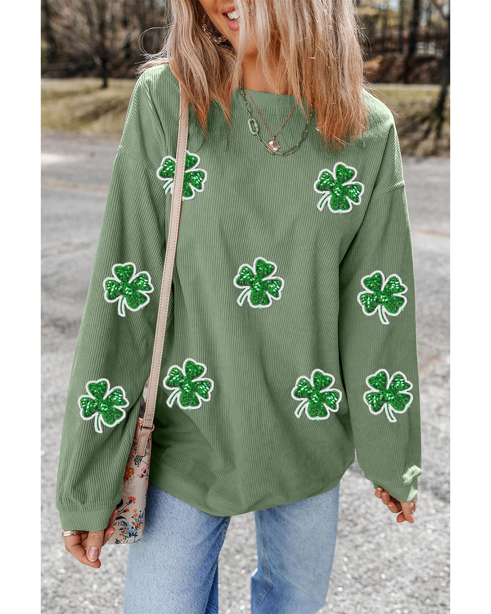 Grass Green Ribbed Four Leaf Clover Graphic St. Patricks Pullover Sweatshirt