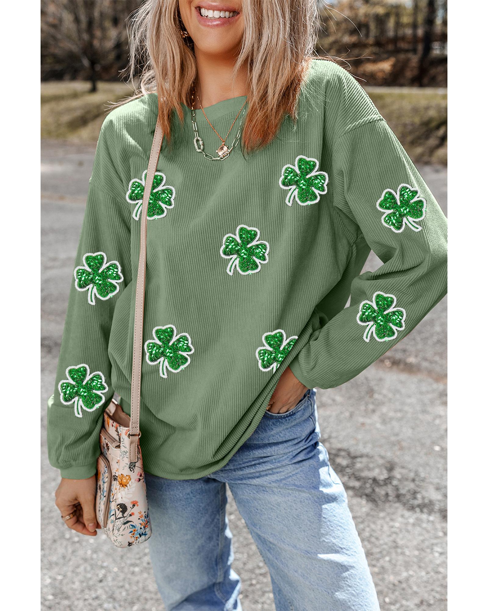 Grass Green Ribbed Four Leaf Clover Graphic St. Patricks Pullover Sweatshirt - Image 2