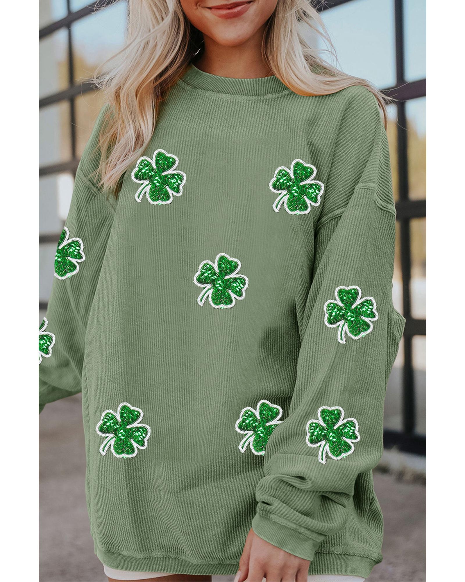 Grass Green Ribbed Four Leaf Clover Graphic St. Patricks Pullover Sweatshirt - Image 3