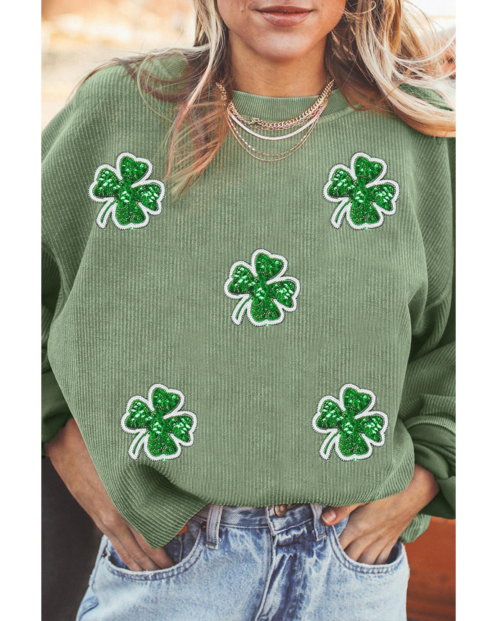 Grass Green Ribbed Four Leaf Clover Graphic St. Patricks Pullover Sweatshirt - Image 4