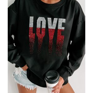Black Rhinestone LOVE Graphic Crewneck Valentines Sweatshirt