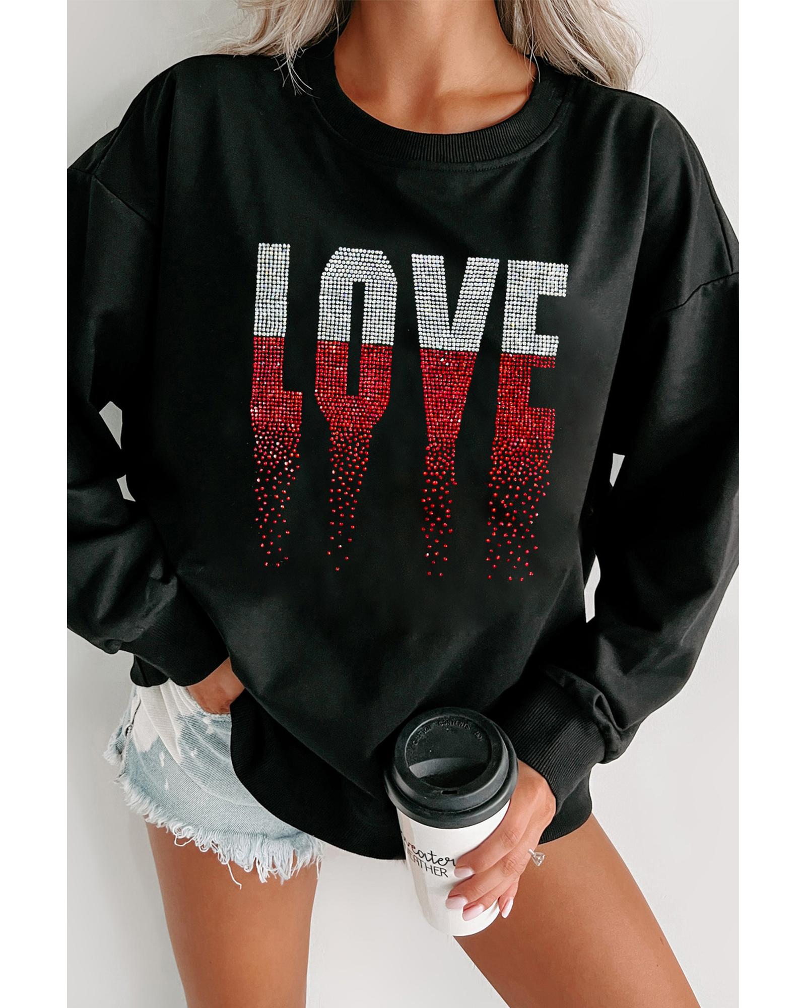 Black Rhinestone LOVE Graphic Crewneck Valentines Sweatshirt