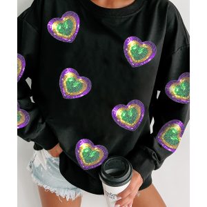 Black Mardi Gras Heart Print Crew Neck Sweatshirt
