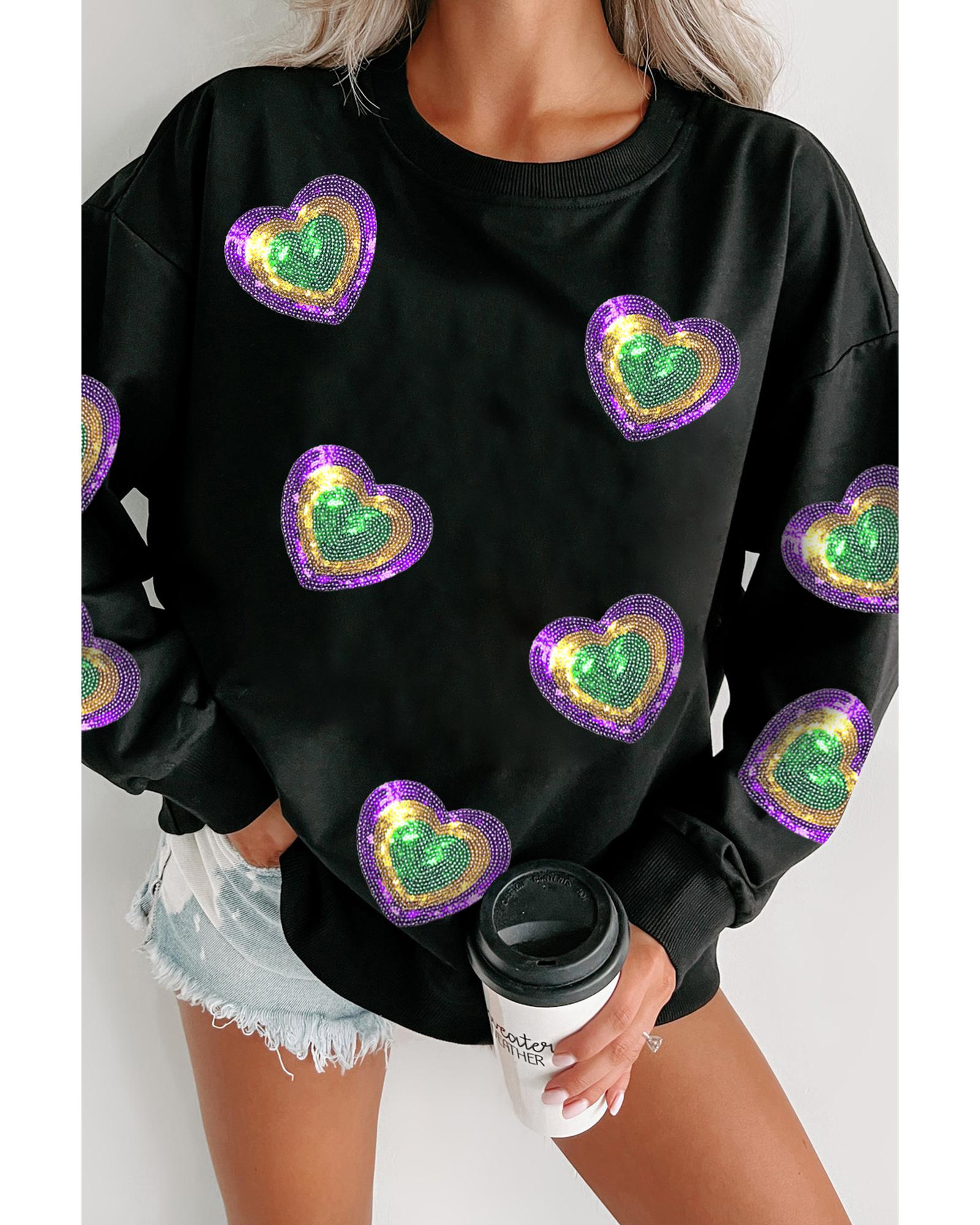 Black Mardi Gras Heart Print Crew Neck Sweatshirt