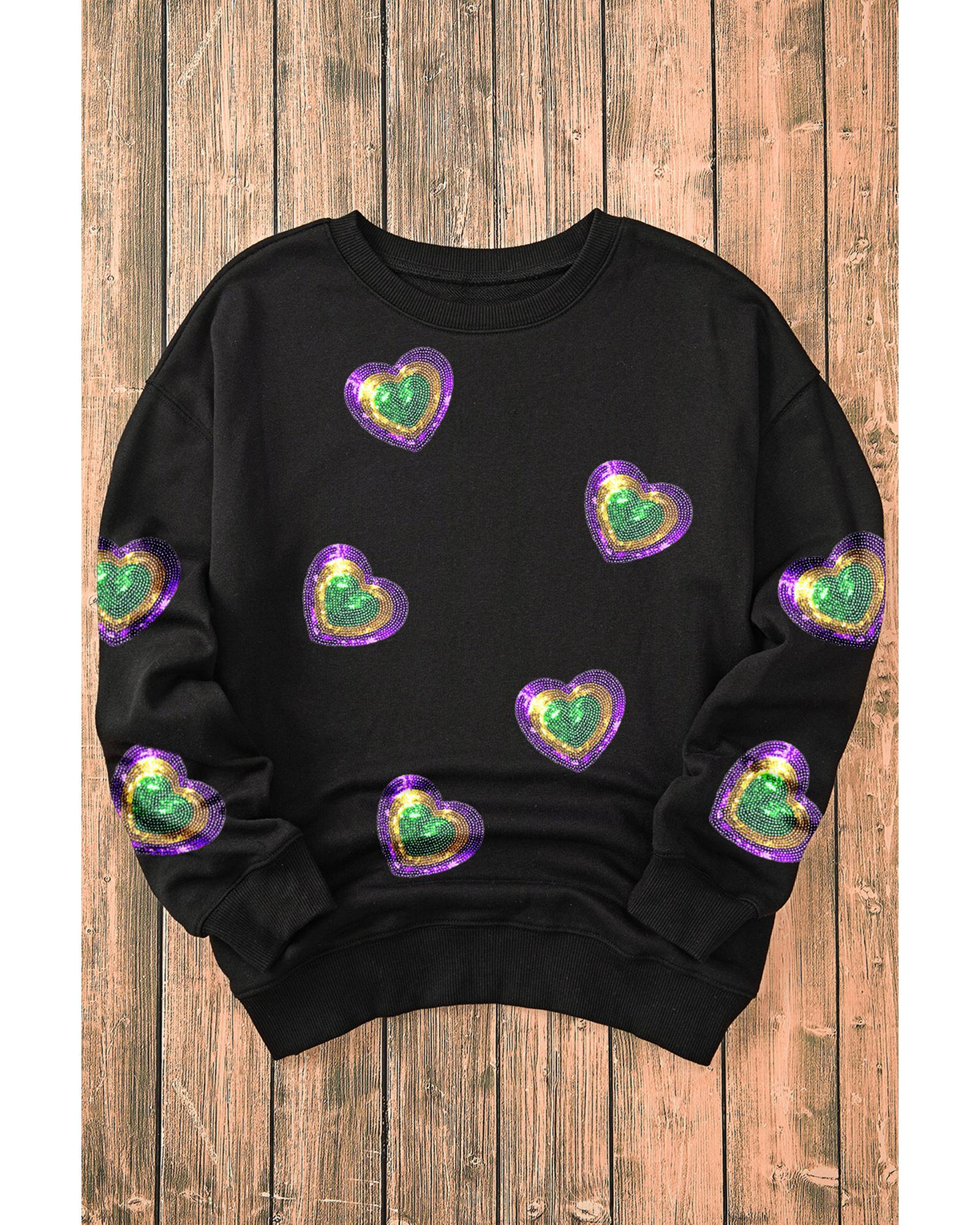 Black Mardi Gras Heart Print Crew Neck Sweatshirt - Image 3