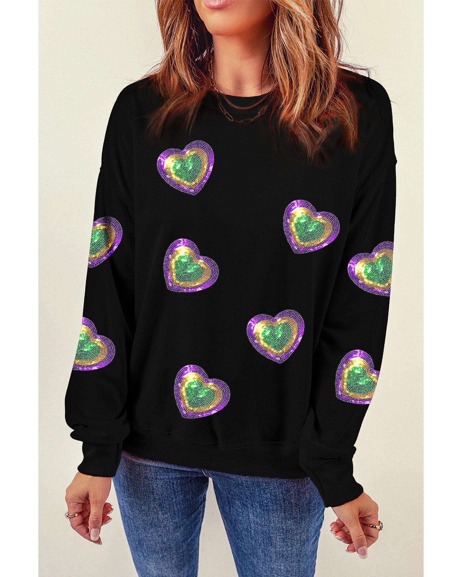 Black Mardi Gras Heart Print Crew Neck Sweatshirt - Image 4