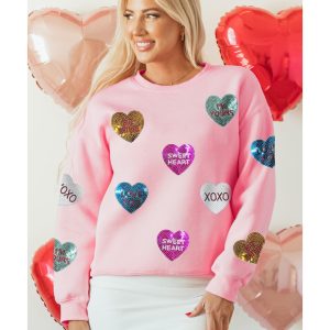 Pink Sequin Romantic Letters Heart Graphic Valentines Sweatshirt