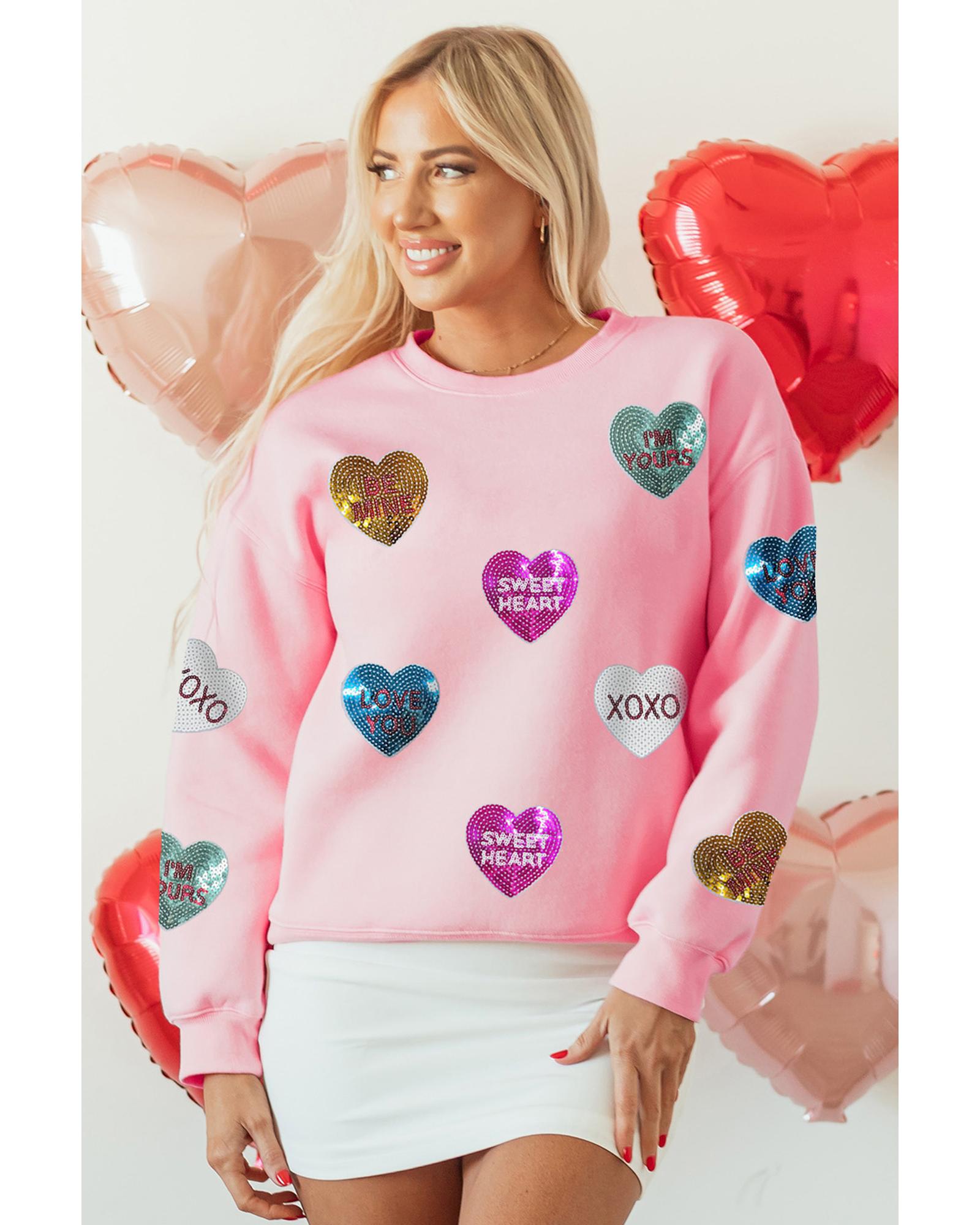 Pink Sequin Romantic Letters Heart Graphic Valentines Sweatshirt