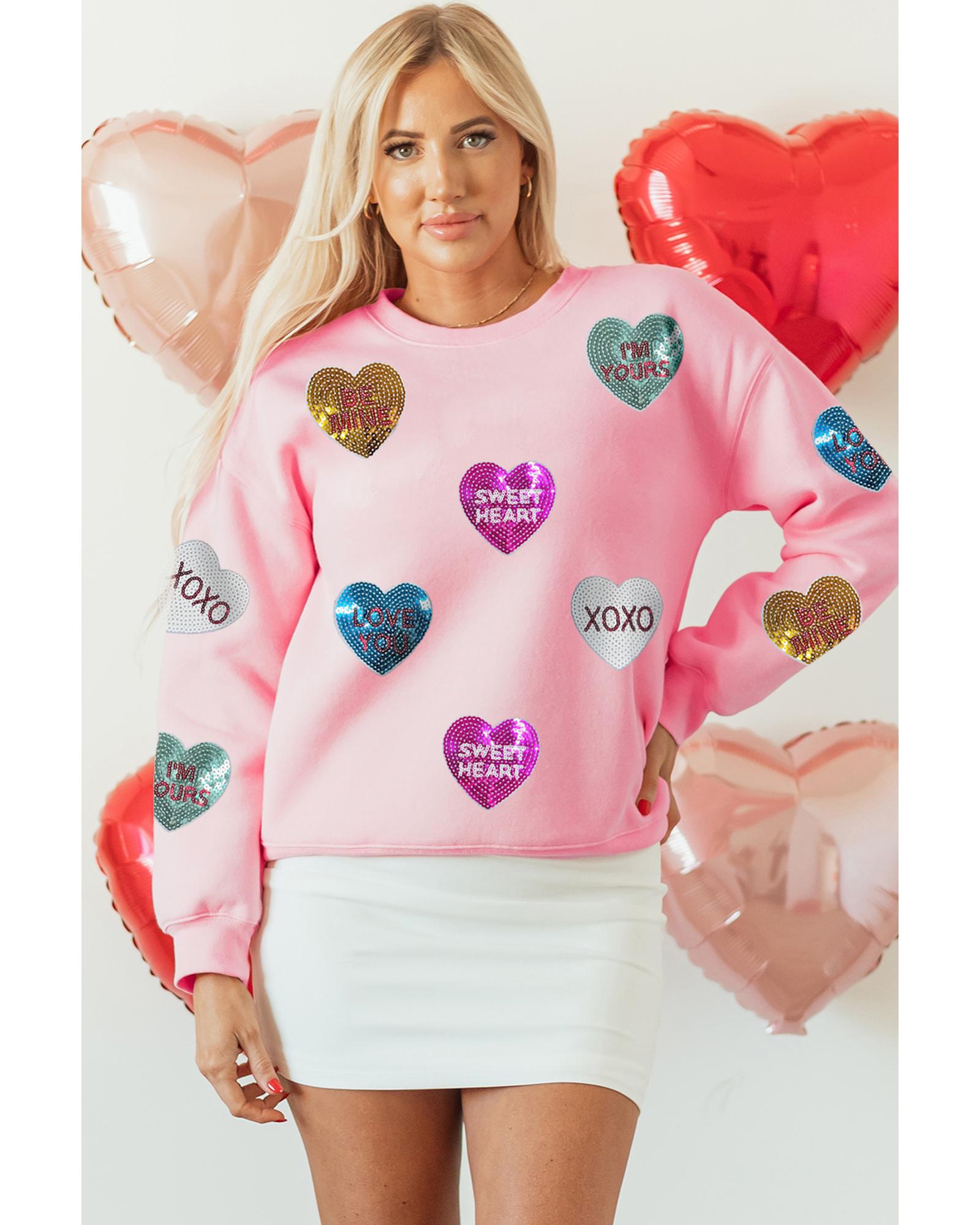 Pink Sequin Romantic Letters Heart Graphic Valentines Sweatshirt - Image 3