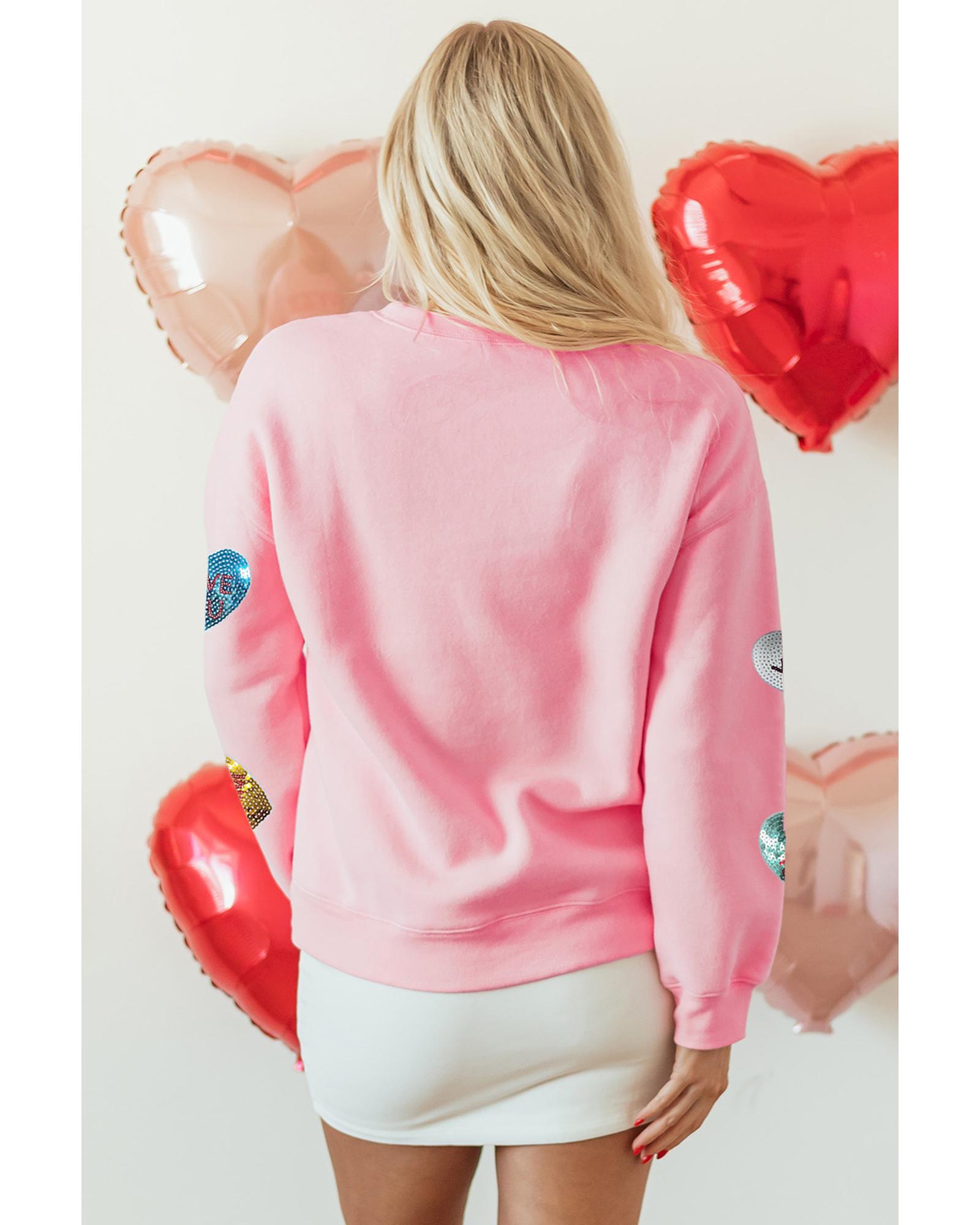 Pink Sequin Romantic Letters Heart Graphic Valentines Sweatshirt - Image 4