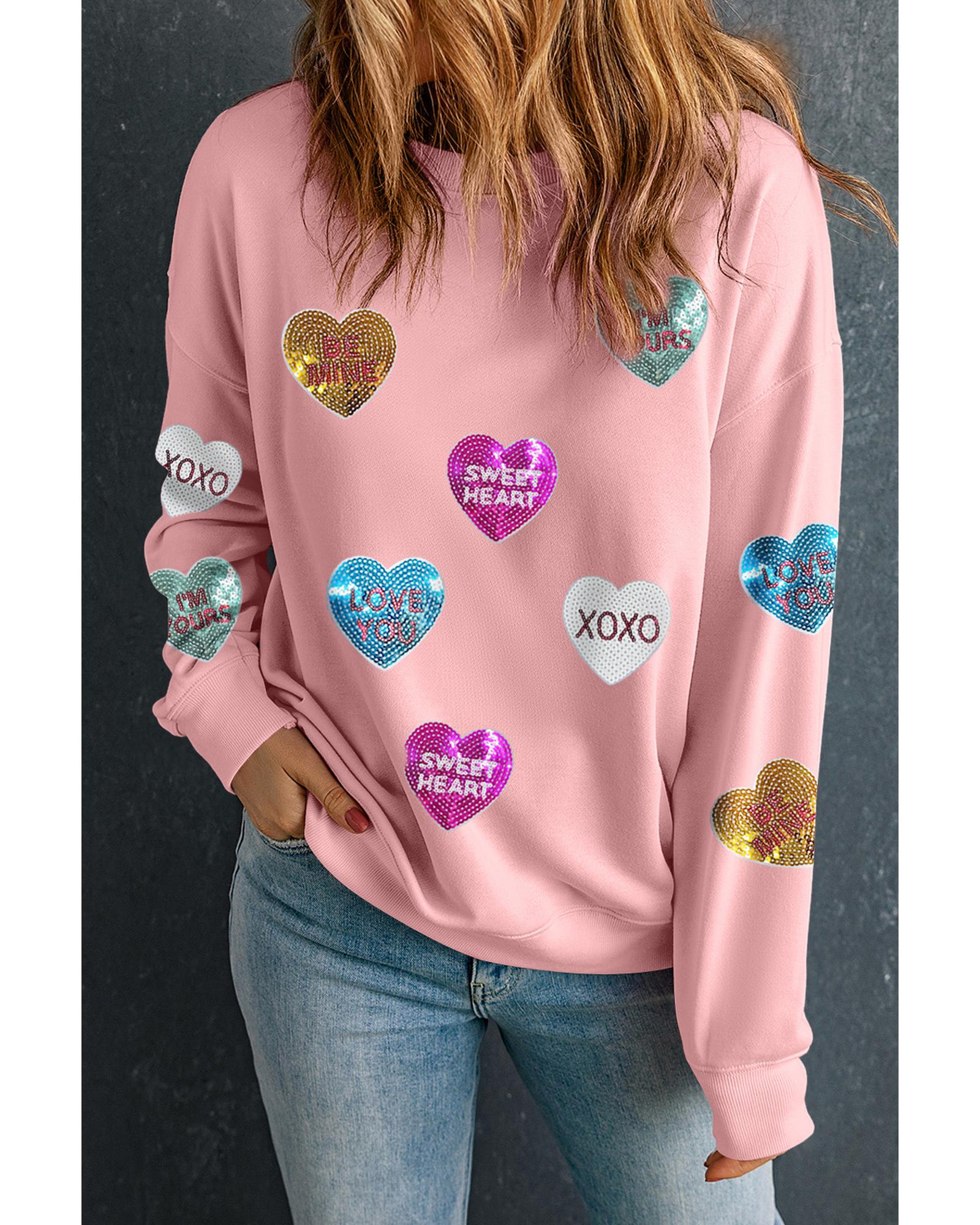 Pink Sequin Romantic Letters Heart Graphic Valentines Sweatshirt - Image 7