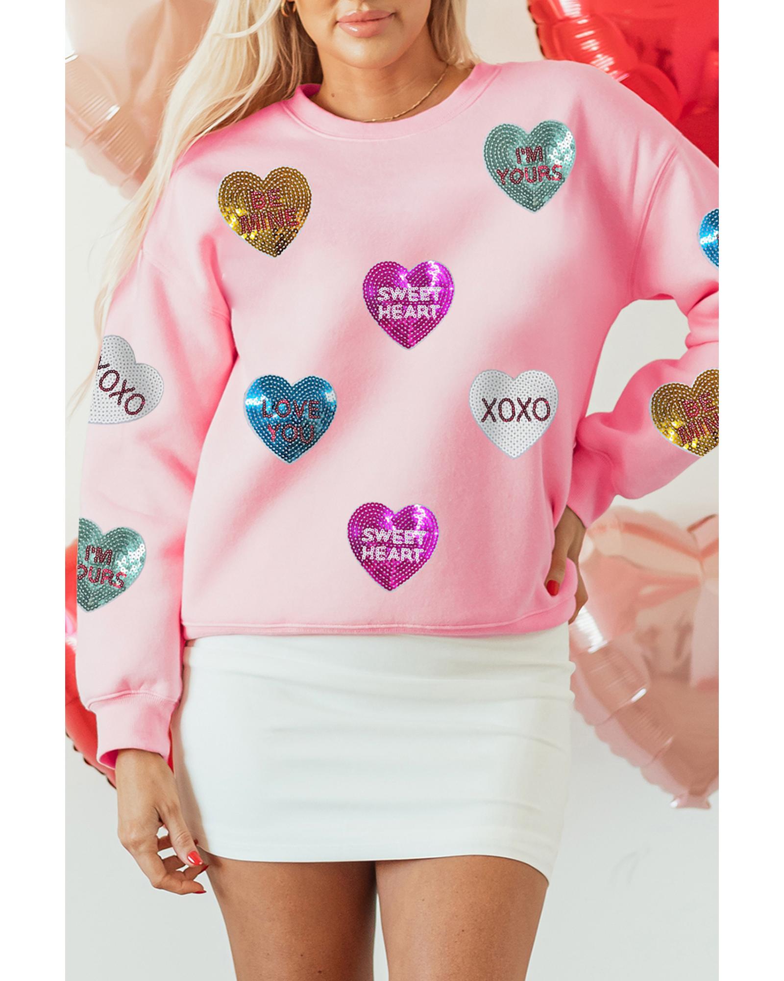 Pink Sequin Romantic Letters Heart Graphic Valentines Sweatshirt - Image 8