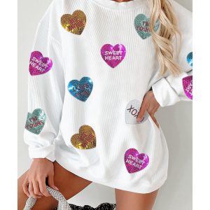 White Valentines Slogan Heart Sequin Corded Baggy Sweatshirt