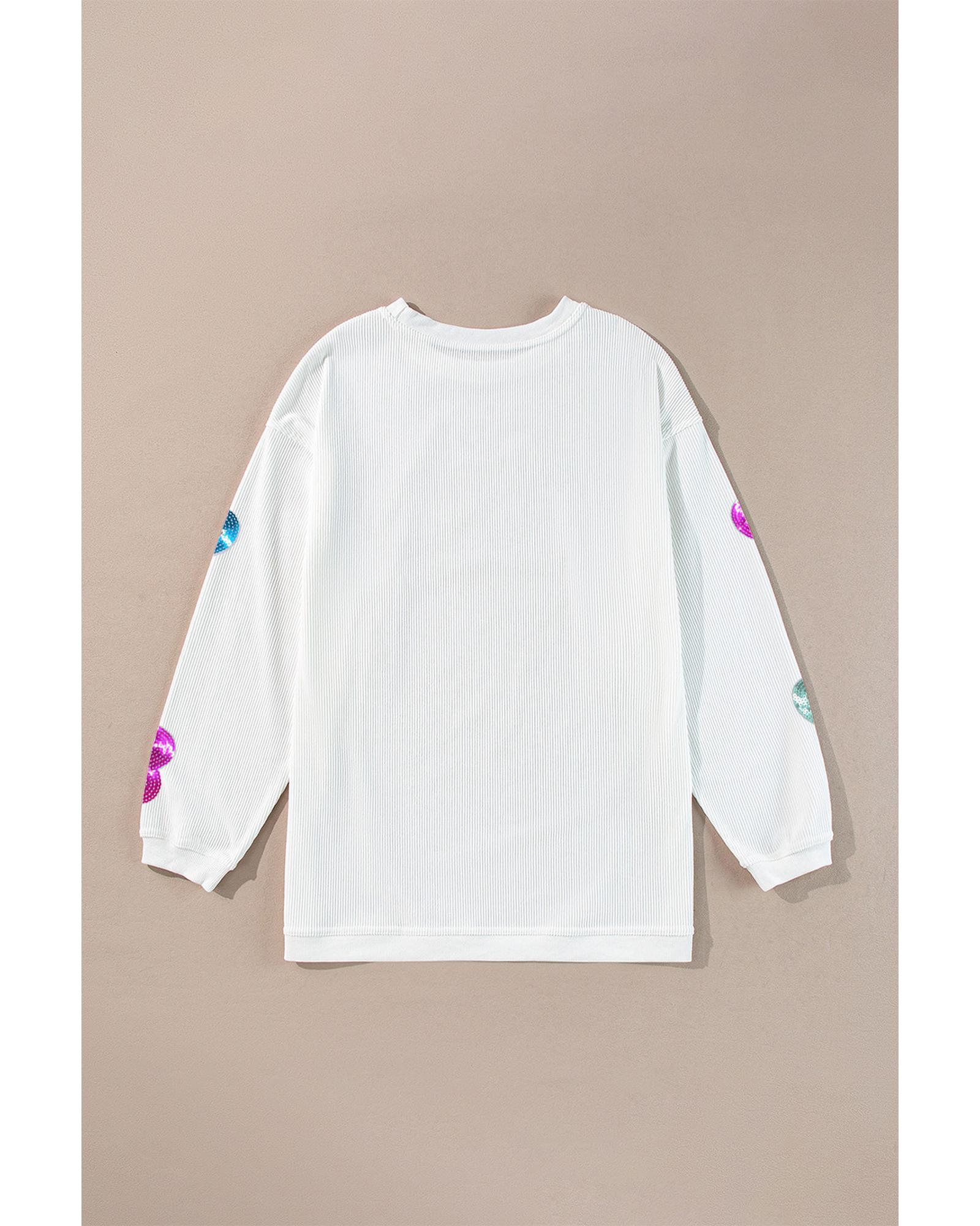 White Valentines Slogan Heart Sequin Corded Baggy Sweatshirt - Image 2