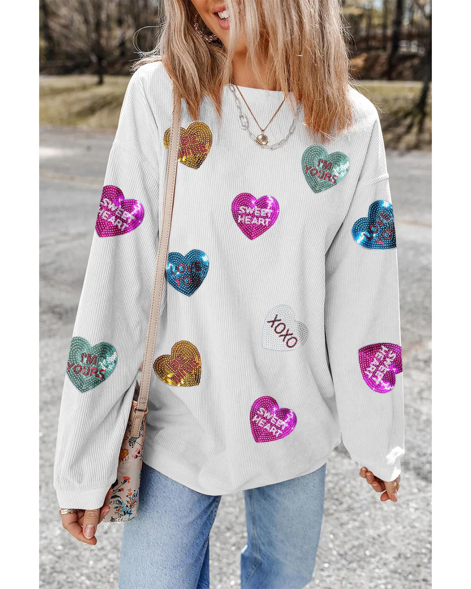 White Valentines Slogan Heart Sequin Corded Baggy Sweatshirt - Image 3