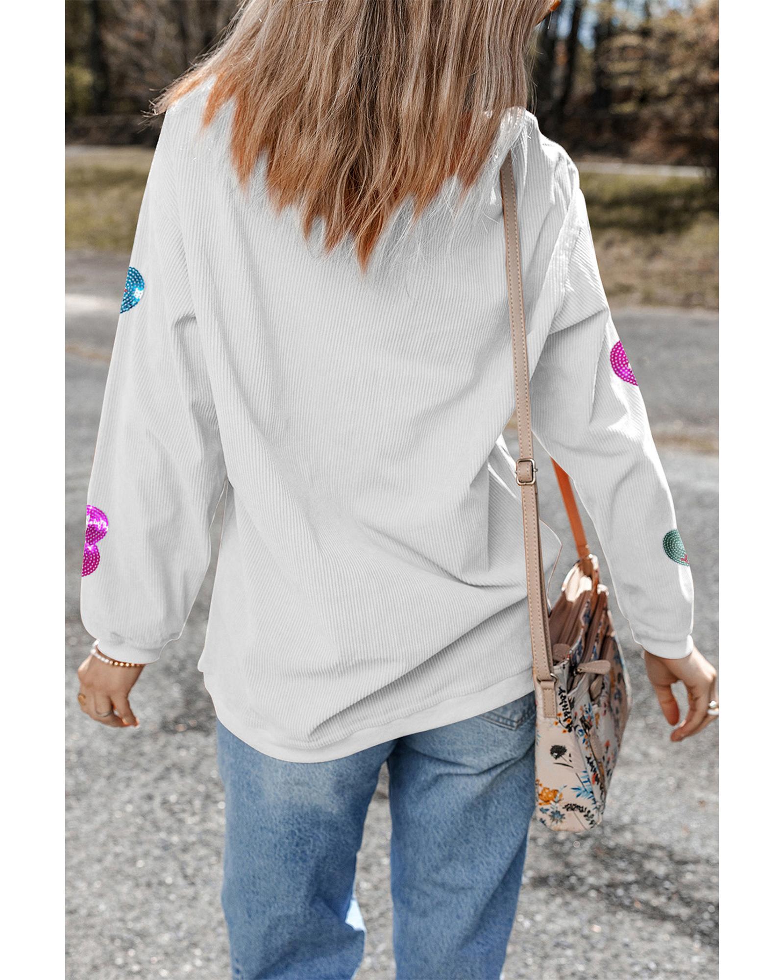 White Valentines Slogan Heart Sequin Corded Baggy Sweatshirt - Image 4