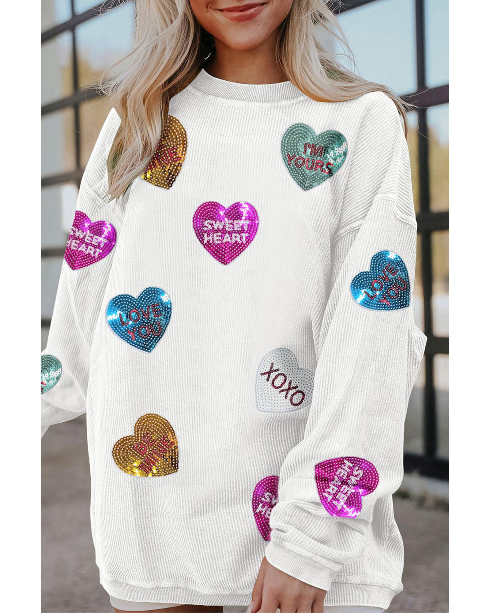 White Valentines Slogan Heart Sequin Corded Baggy Sweatshirt - Image 5