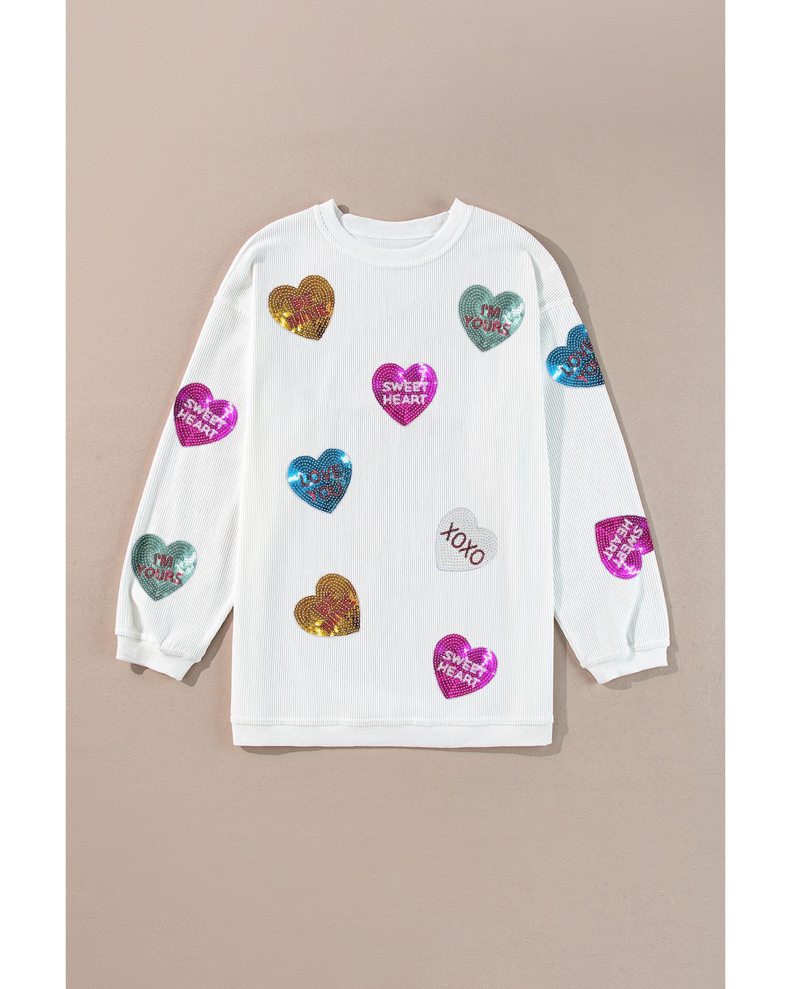 White Valentines Slogan Heart Sequin Corded Baggy Sweatshirt - Image 6