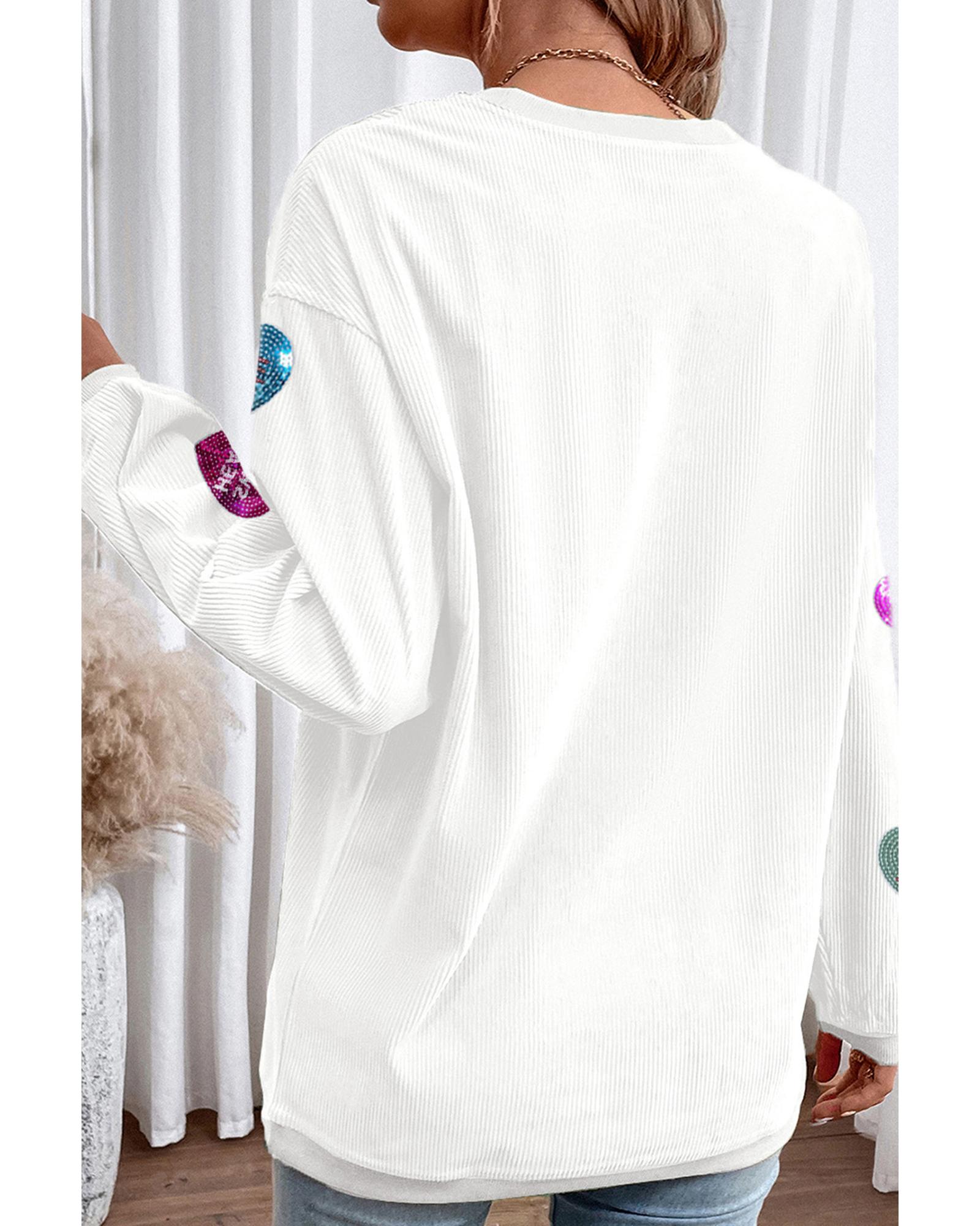 White Valentines Slogan Heart Sequin Corded Baggy Sweatshirt - Image 7