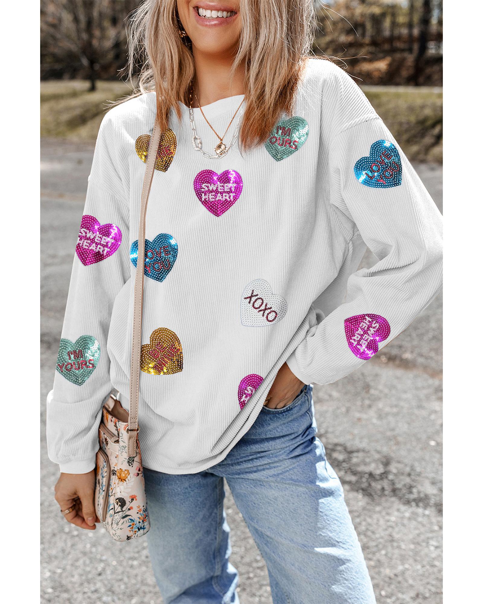 White Valentines Slogan Heart Sequin Corded Baggy Sweatshirt - Image 8