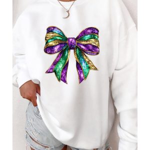 White Mardi Gras Bow Graphic Drop Shoulder Sweatshirt