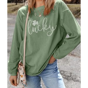 Grass Green Rhinestone lucky Clover Graphic Ribbed St Patrick Sweatshirt