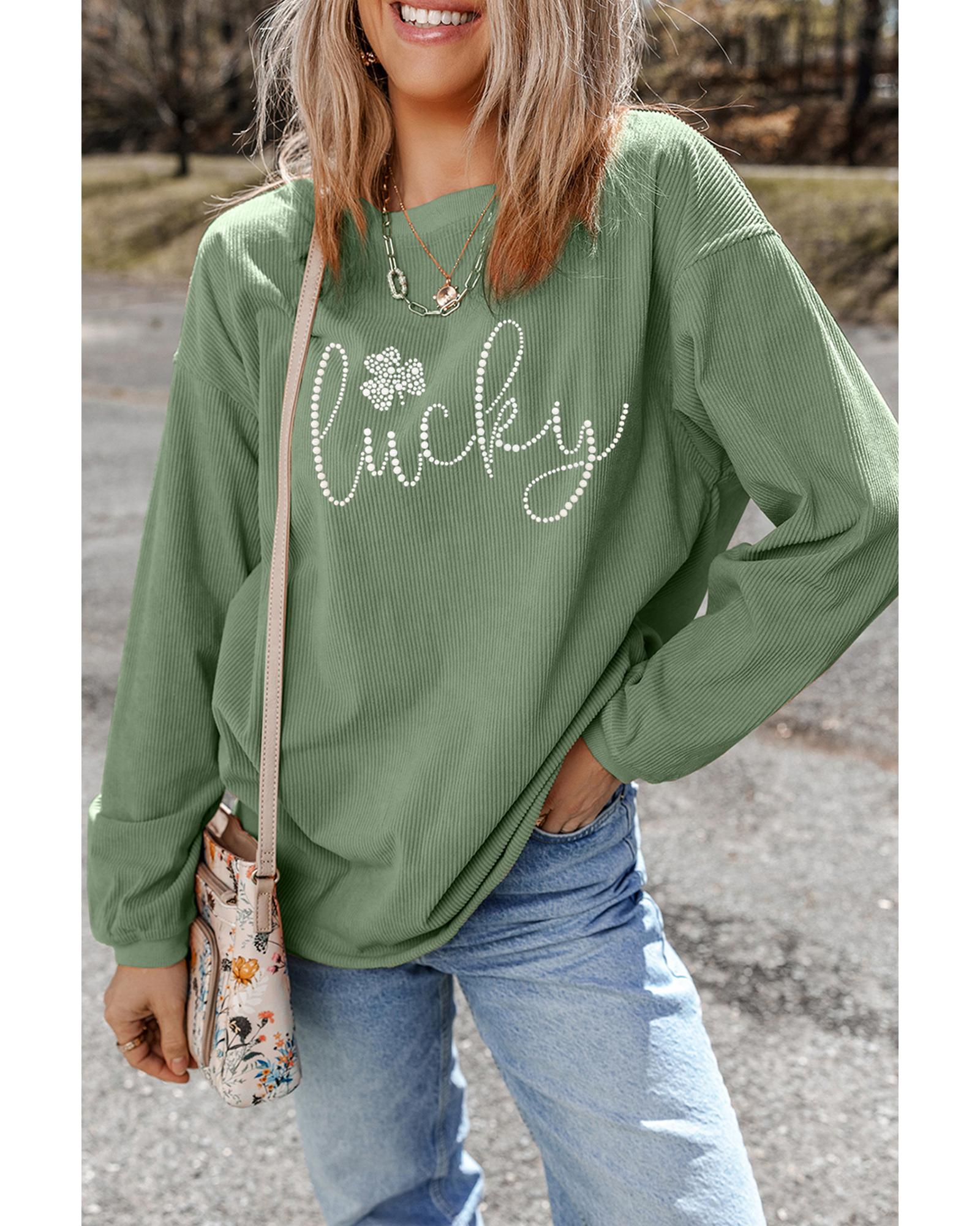 Grass Green Rhinestone lucky Clover Graphic Ribbed St Patrick Sweatshirt