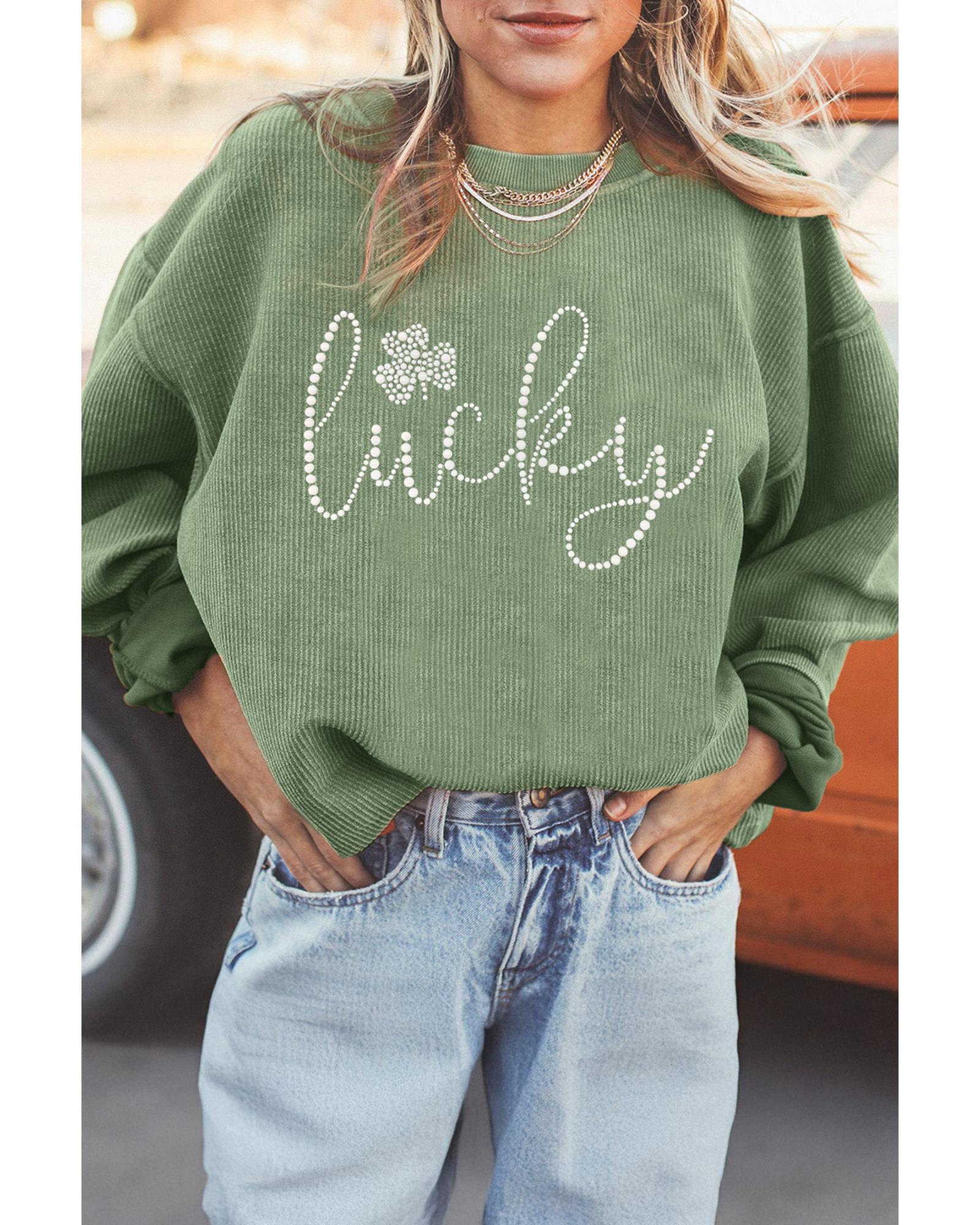 Grass Green Rhinestone lucky Clover Graphic Ribbed St Patrick Sweatshirt - Image 2