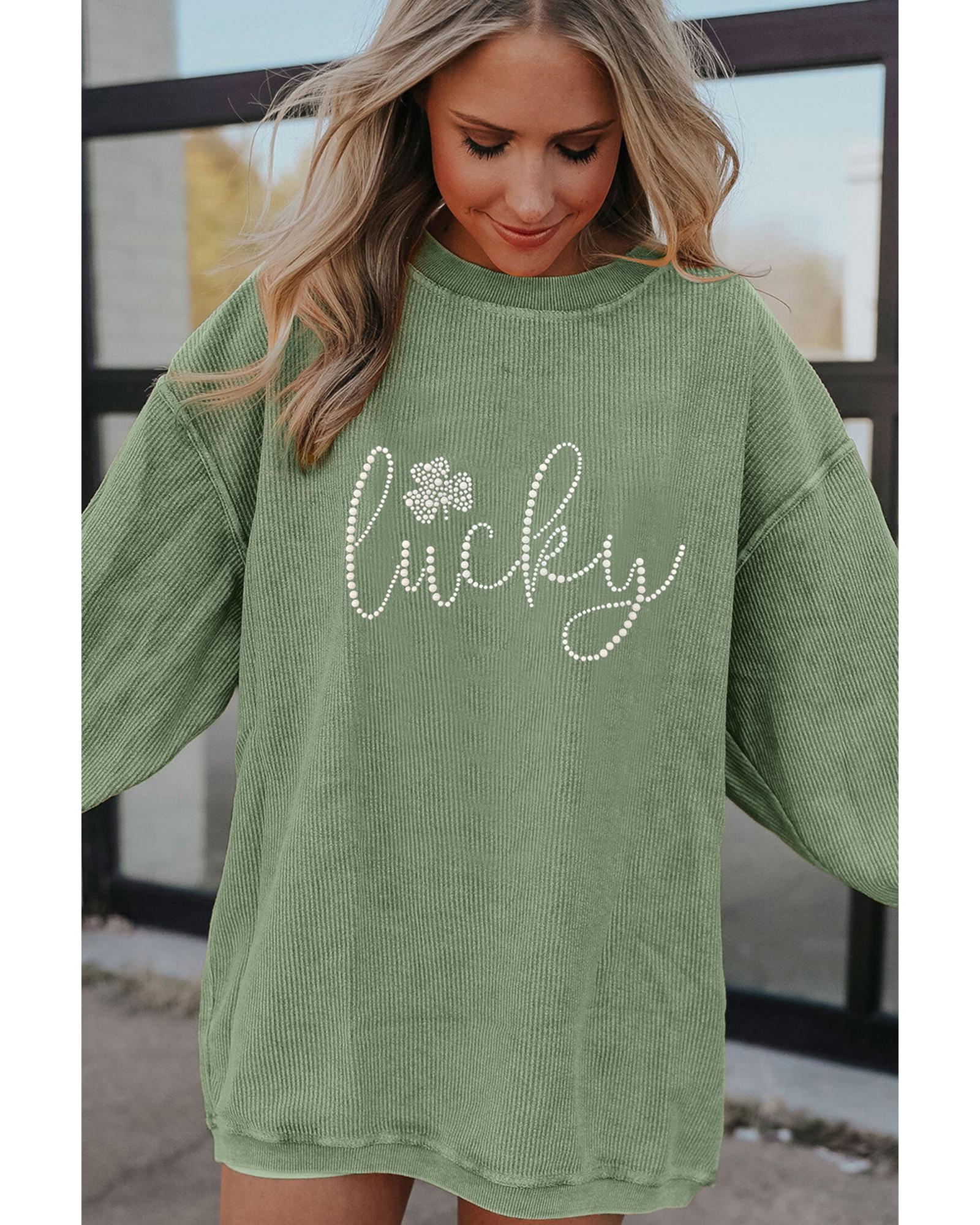 Grass Green Rhinestone lucky Clover Graphic Ribbed St Patrick Sweatshirt - Image 3