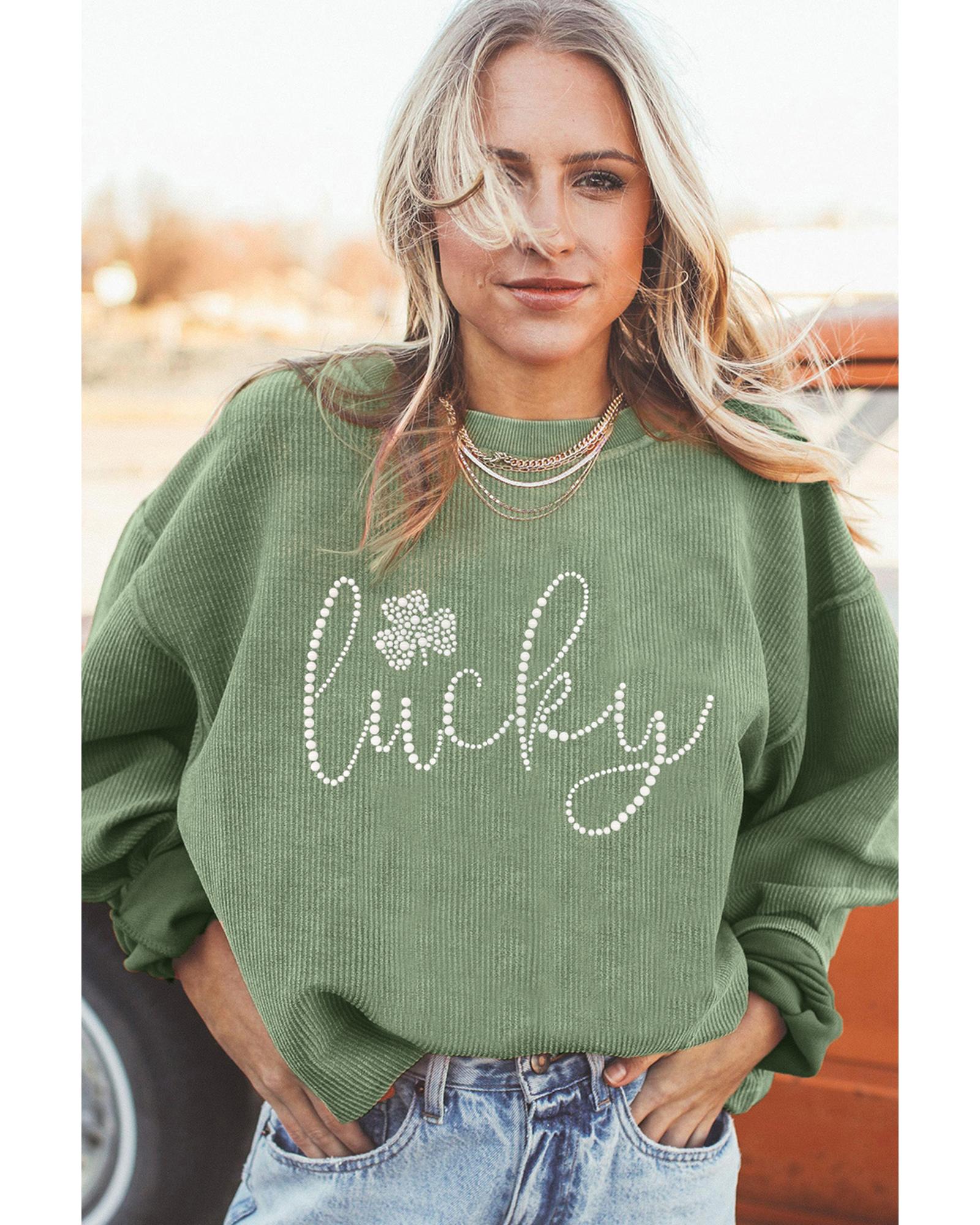Grass Green Rhinestone lucky Clover Graphic Ribbed St Patrick Sweatshirt - Image 5