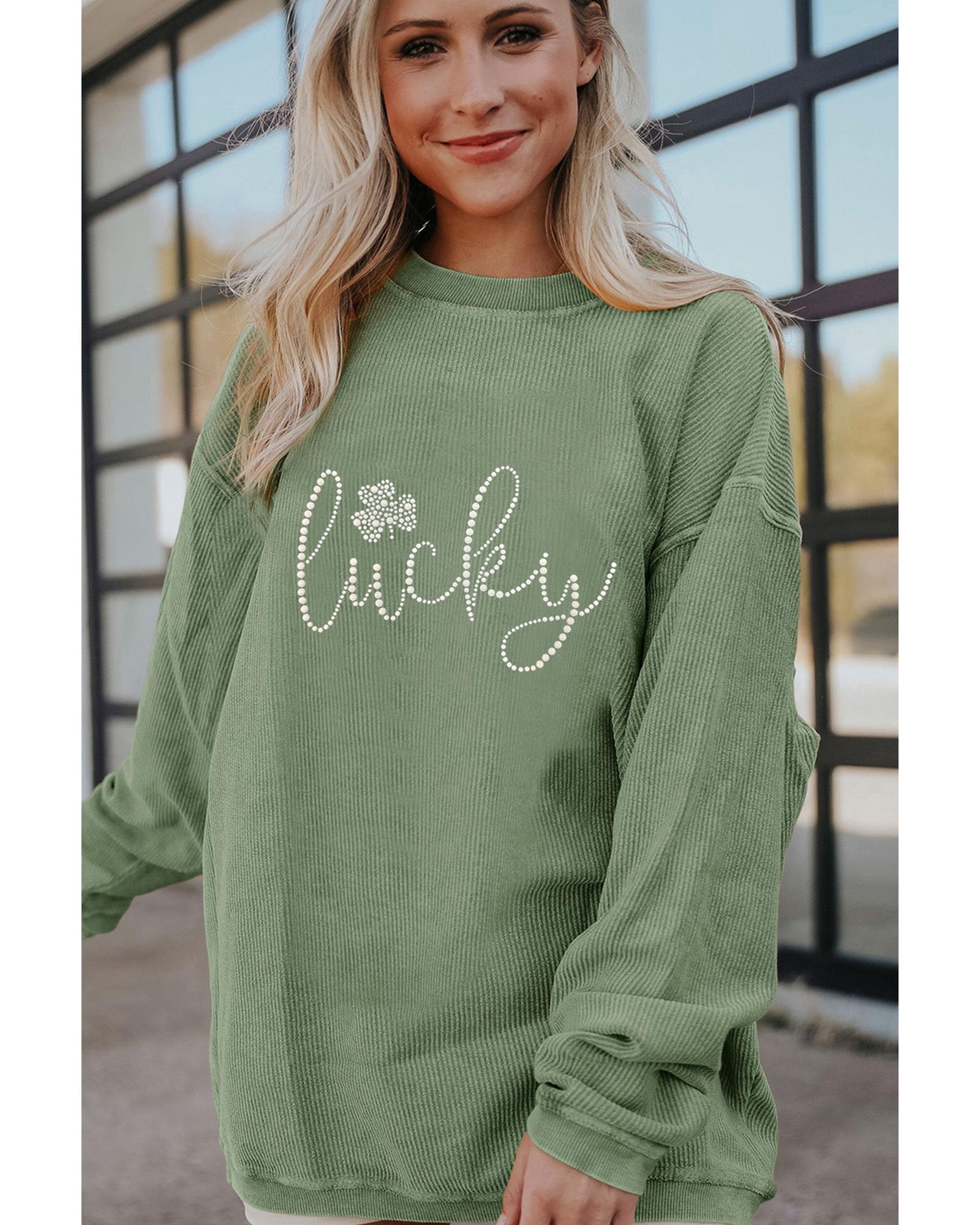 Grass Green Rhinestone lucky Clover Graphic Ribbed St Patrick Sweatshirt - Image 6