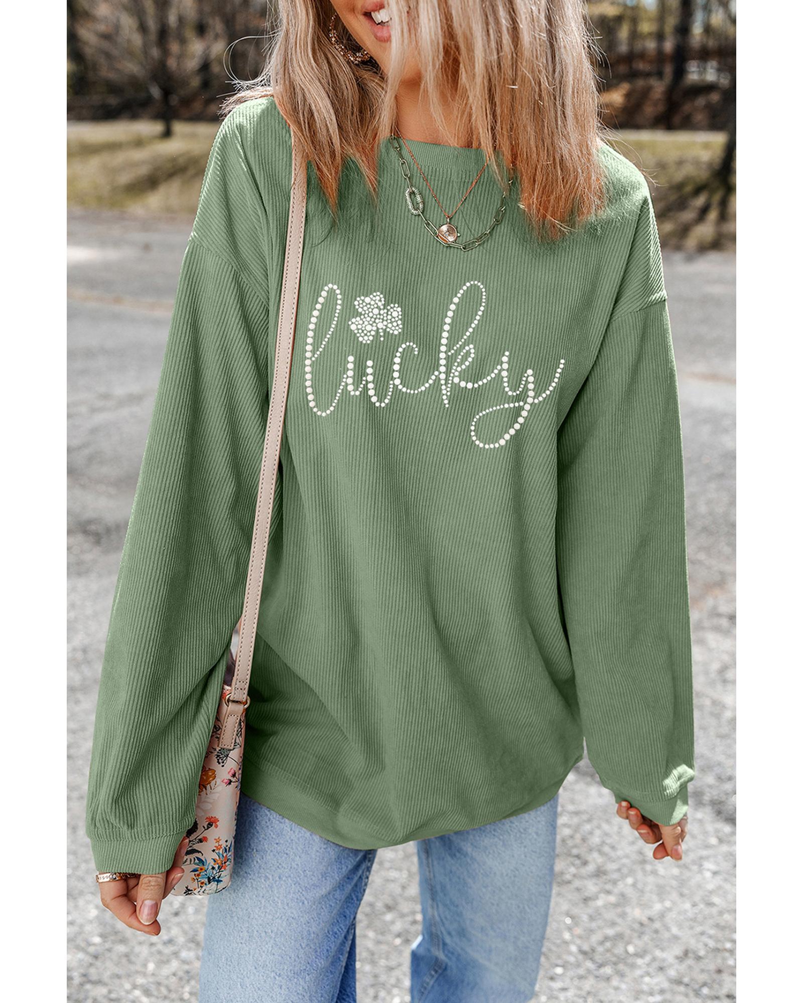 Grass Green Rhinestone lucky Clover Graphic Ribbed St Patrick Sweatshirt - Image 7