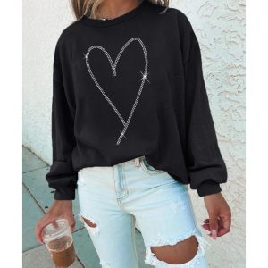 Black Rhinestone Heart Pattern Valentines Fashion Sweatshirt